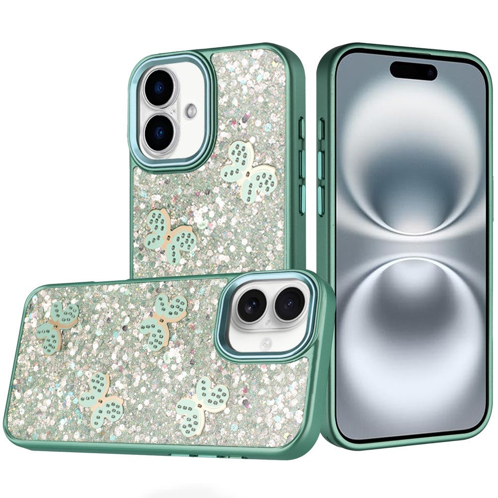 For iPhone 16 (6.1") Cute Butterfly Crystal Diamond Glitter Case Sparkle Bling Frame Metallic Edges, Shimmer TPU Hybrid Case Cover