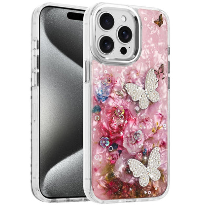 For Apple iPhone 17E /16E Epoxy Glitter Flowers Bling 3D Butterfly Fashion TPU Hybrid with Shockproof Protection Case Cover Pink