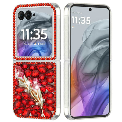 For Motorola Razr 2025 /2024 Bling Crystal 3D Full Diamonds Luxury Sparkle Rhinestone Hybrid Case Cover Red Exquisite Garden Flower
