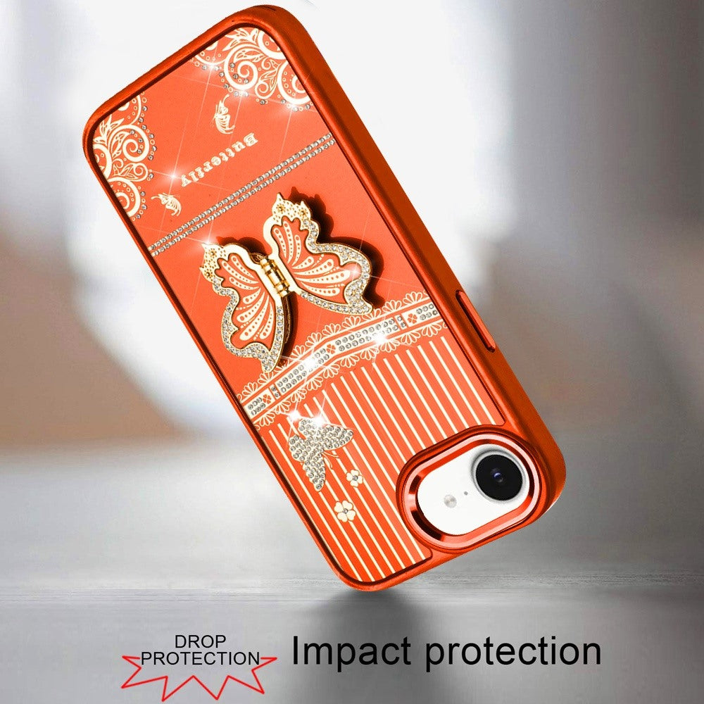 Phone Case for Apple iPhone 17E /16E Glitter Bling Butterfly Stand Metallic Edge Hybrid Shockproof Grip Durable Camera Protection Stylish Design Cover Cosmic Orange