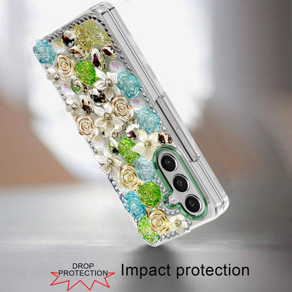 For Samsung Galaxy Z Fold 7 3D Diamond Floral Roses Flower Bling Stone Hybrid, Sparkly Rhinestone Gemstone Back Shockproof Case Cover