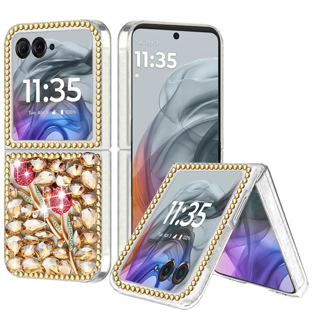 For Motorola Razr 2025 /2024 Bling Crystal 3D Full Diamonds Luxury Sparkle Rhinestone Hybrid Case Cover Gold Exquisite Garden Flower