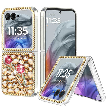 For Motorola Razr 2025 /2024 Bling Crystal 3D Full Diamonds Luxury Sparkle Rhinestone Hybrid Case Cover Gold Exquisite Garden Flower