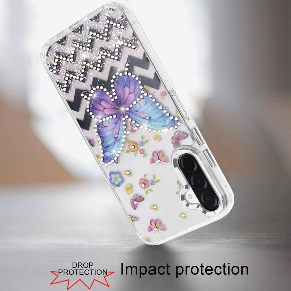 For Samsung Galaxy A17 5G Butterfly Resin Epoxy Diamond Design Metal Edged Hybrid Shockproof Heavy Duty Drop Protection Case Cover