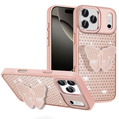 For Apple iPhone 17 Pro (6.3") Butterfly Moveable Grip 3D Pop Stand Full Diamond Bling Sparkling TPU Fashion Hybrid Case Cover