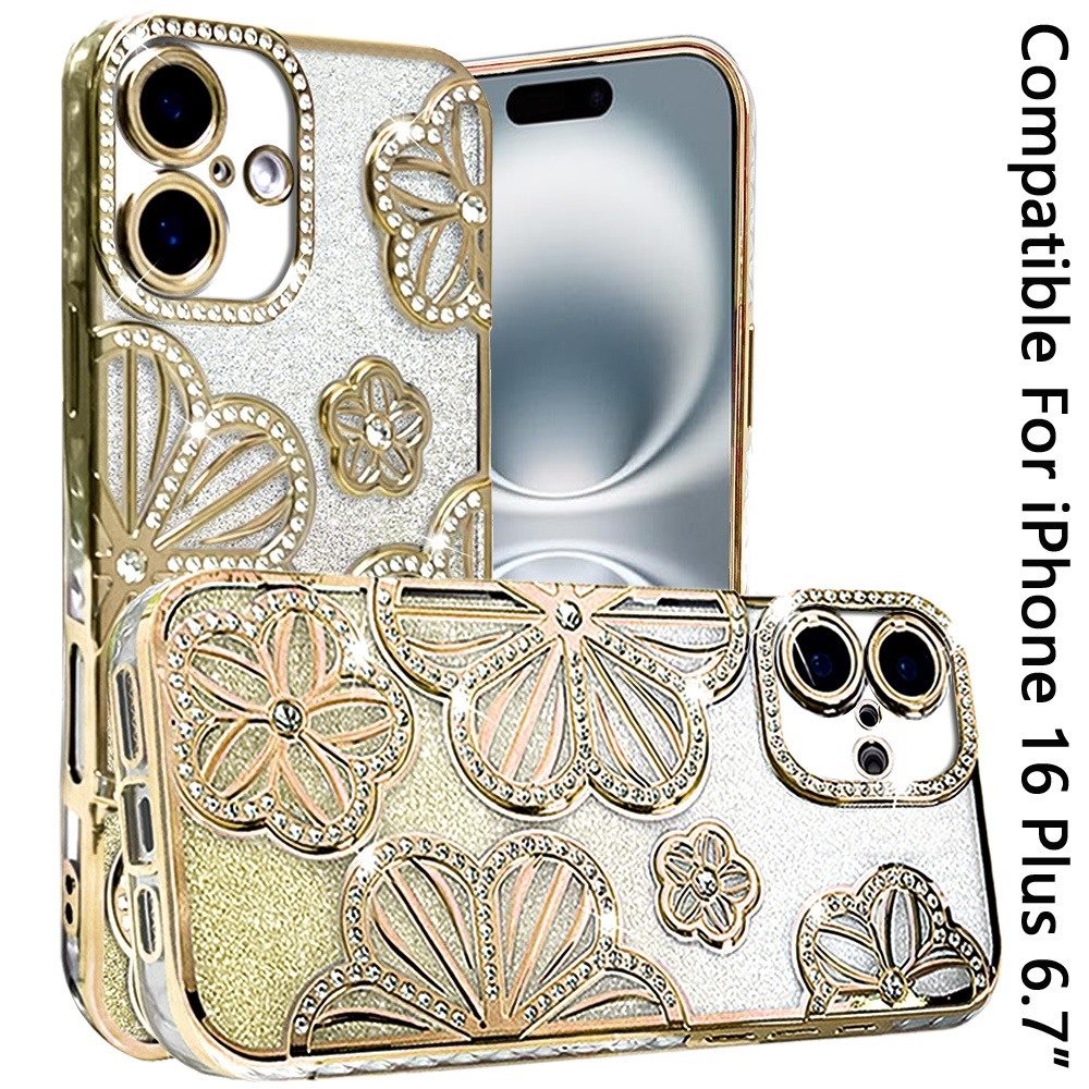 Phone Case for Apple iPhone 16 Plus Shimmer Glitter Floral Thick TPU Shockproof Durable Grip Camera Protection Anti-Scratch Stylish Design Cover