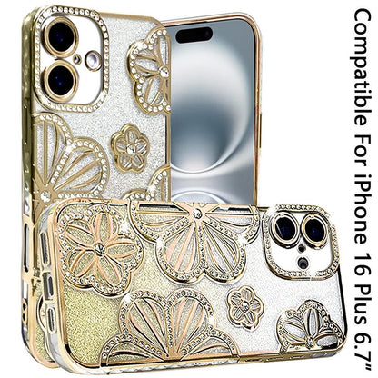 Phone Case for Apple iPhone 16 Plus Shimmer Glitter Floral Thick TPU Shockproof Durable Grip Camera Protection Anti-Scratch Stylish Design Cover