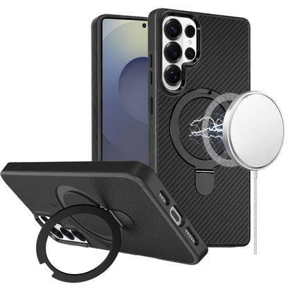 For Samsung Galaxy S26 Ultra Hybrid Carbon Fiber Design with MagSafe Compatible [Magnetic Circle], Ring Stand Shockproof Slim TPU Case Cover