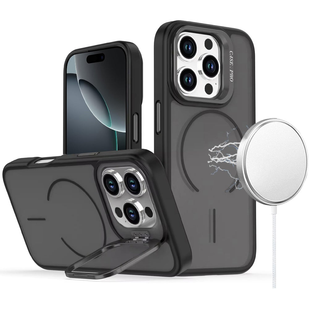 For iPhone 16 Pro Max (6.9") Magnetic Matte Metal Camera Stand Hybrid Drop Protection Durable Shockproof Slim Fit Design Protector Black