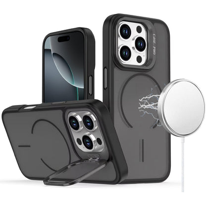 For iPhone 16 Pro Max (6.9") Magnetic Matte Metal Camera Stand Hybrid Drop Protection Durable Shockproof Slim Fit Design Protector Black