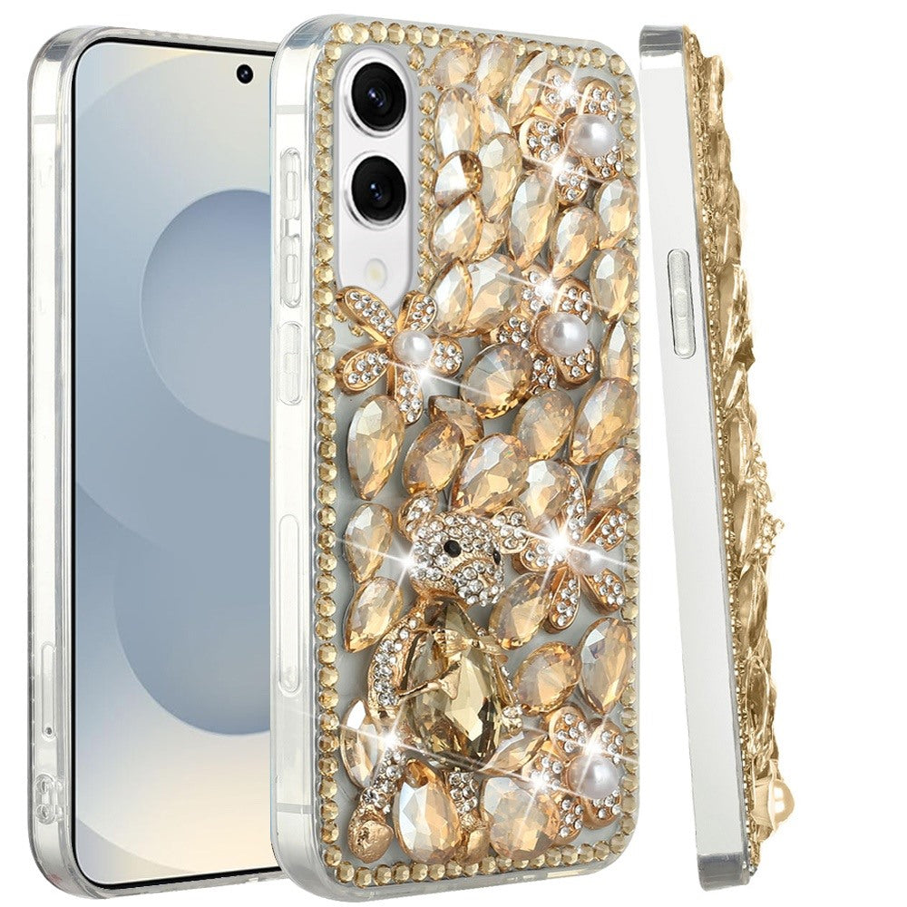 For Samsung Galaxy S25 Edge Bling Crystal 3D Full Diamonds Luxury Sparkle Rhinestone Hybrid Protective Case Cover Gold Swan Crown Pearl