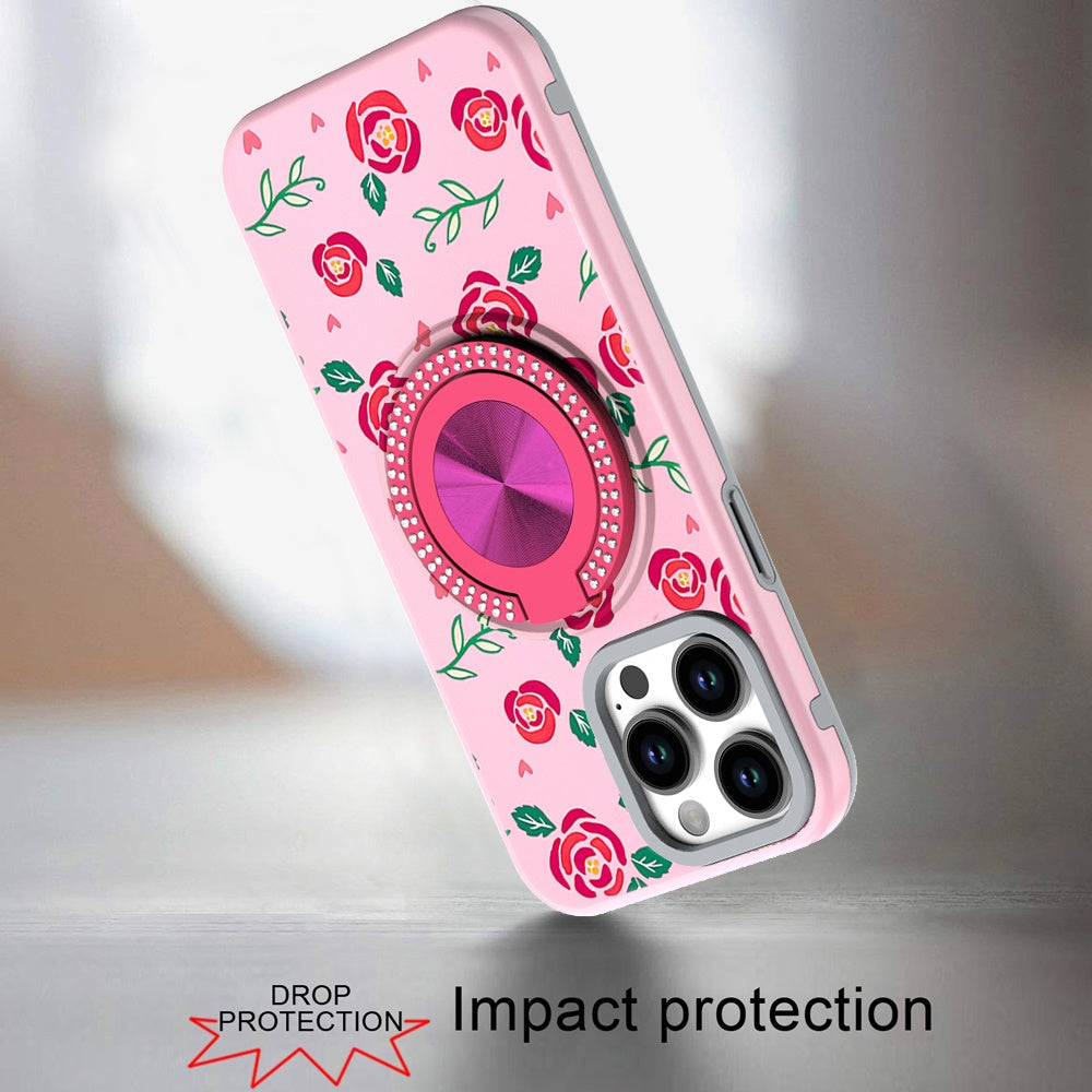 For Apple iPhone 16e Pattern Design Hybrid with Invisible Ring Stand & Magnetic Back, Shockproof Protective Grip Case Cover Red Roses