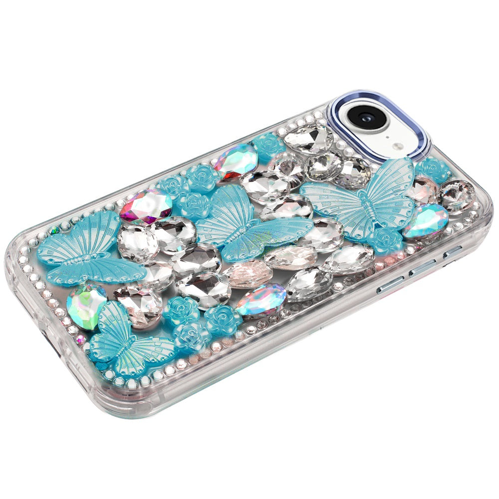 For Apple iPhone 16e 3D Diamond Floral Butterfly Bling Stone Hybrid, Sparkly Rhinestone Gemstone Back Shockproof Case Cover