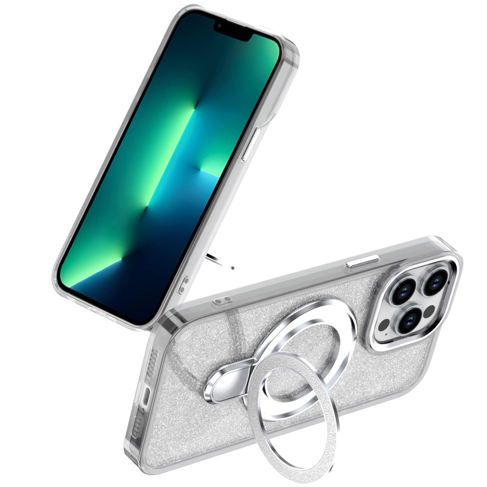 For Apple iPhone 17E /16E Transparent Glitter Bling Case with Rotating Magnetic Ring Stand, Shockproof Hybrid Case Cover