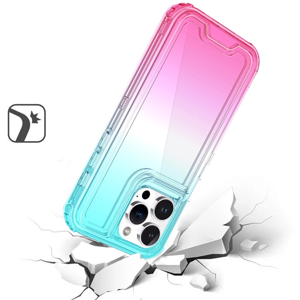 For Apple iPhone 16 Pro (6.3") Hybrid 3in1 Clear Two Color Tone Transparent Shockproof Rubber TPU + Hard Protective Frame Case Cover Blue Teal + Pink