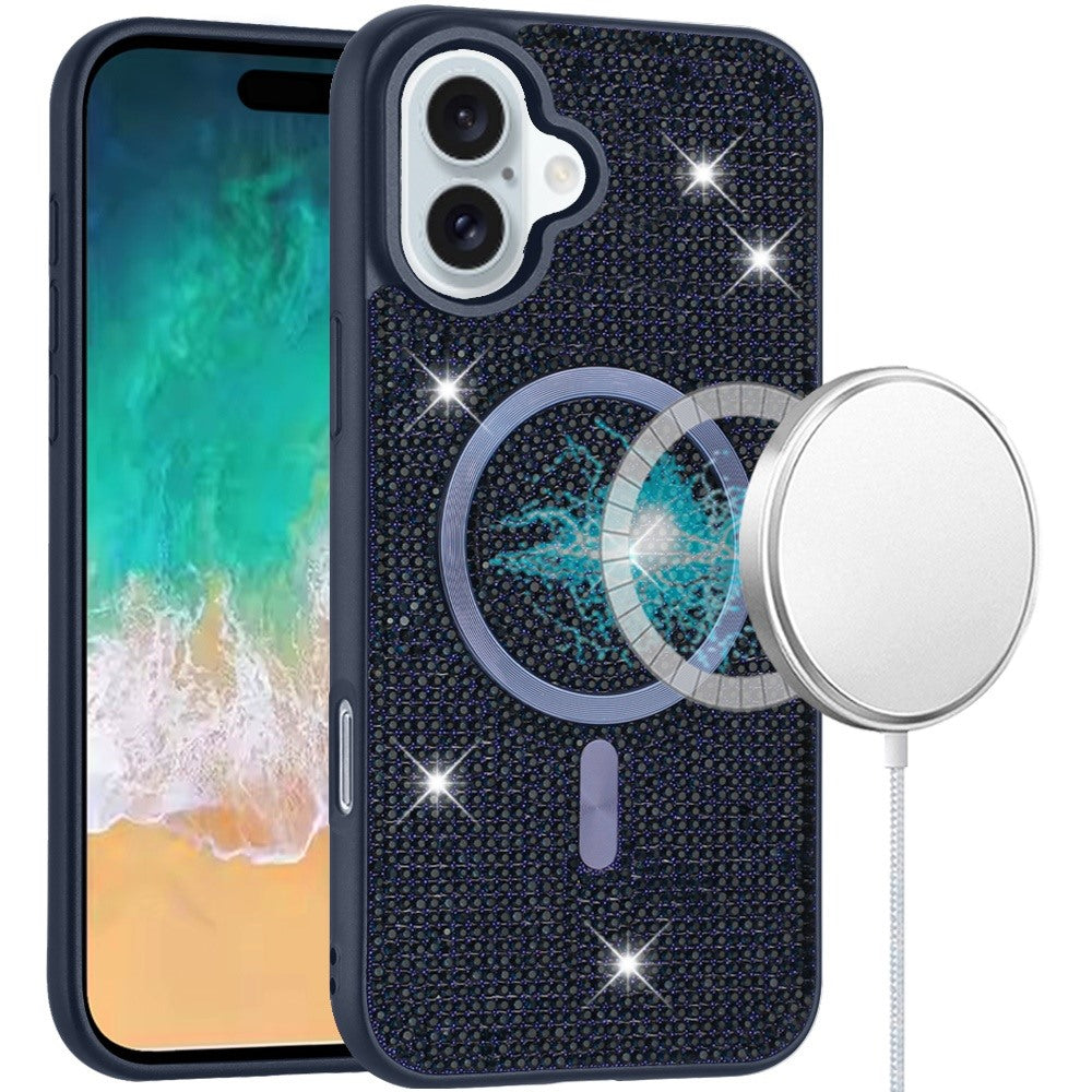 For Apple iPhone 16 Plus (6.7") Diamond Sparkly Bling Design Rhinestone Hybrid Skin TPU with Magnetic Circle MagSafe Compatible Case Cover