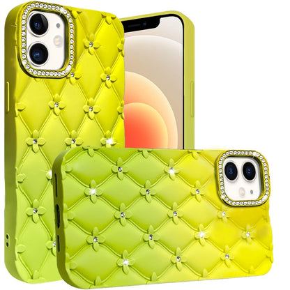 For iPhone 12 / iPhone 12 Pro (6.1") Fashion Flower Design Sparkle Glitter Shimmer Rhinestone Bling Floral Accents, Leather Texture TPU Case Cover