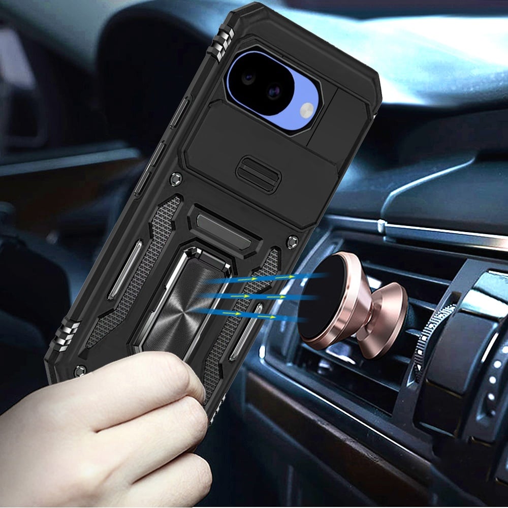 Phone Case for Google Pixel 10A Tough Metal Ring Shockproof Sliding Camera Window Hybrid Armor Rugged Anti Slip Heavy Duty Grip Cover Black