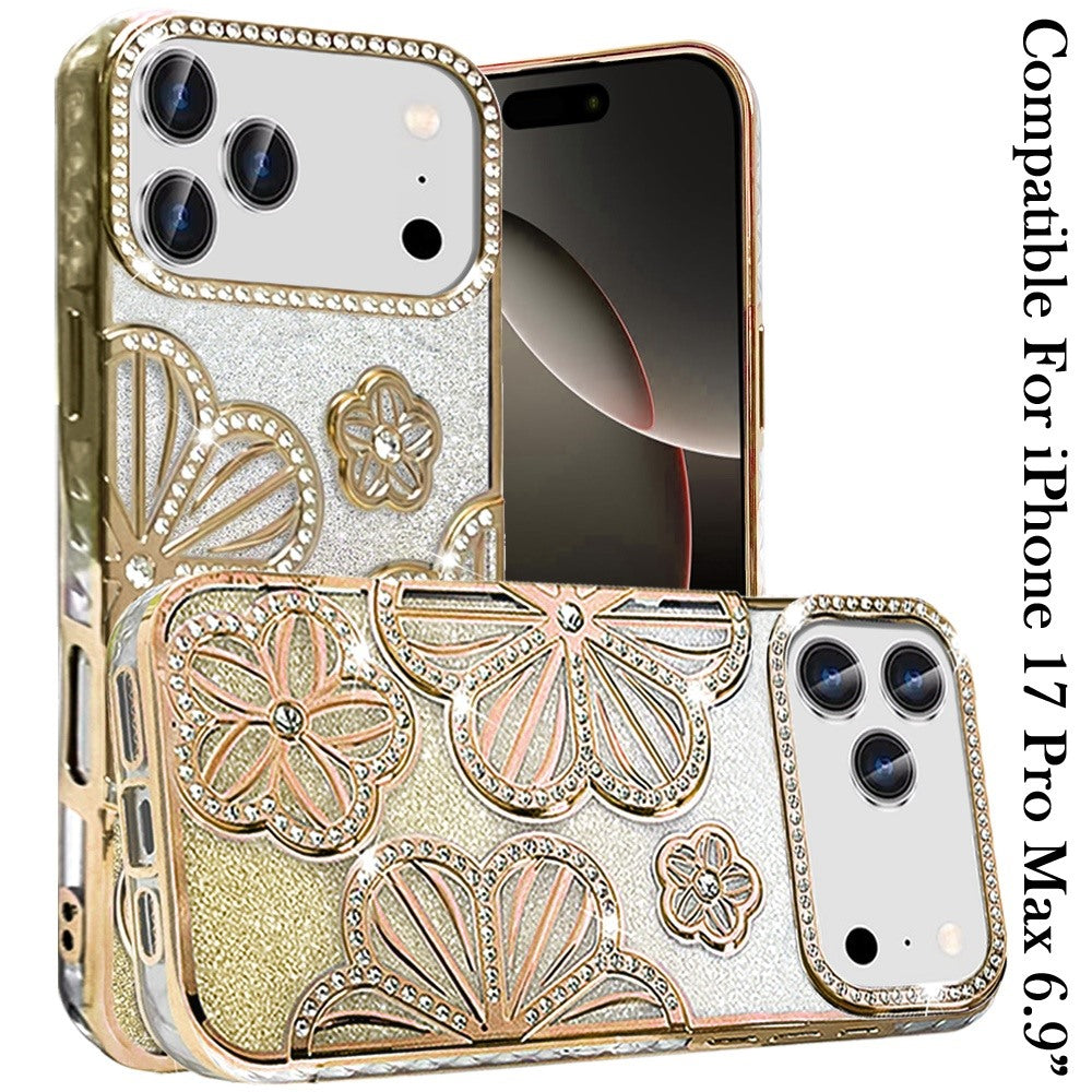 Phone Case for Apple iPhone 17 Pro Max (6.9") Shimmer Glitter Floral Thick TPU Shockproof Durable Grip Camera Protection Anti-Scratch Stylish Design Cover
