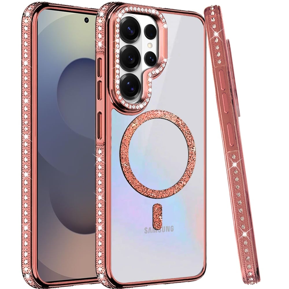 Phone Case for Samsung Galaxy S25 Ultra Luxury Diamond Bling Edged Magnetic Glitter Shockproof Hybrid with Camera Kickstand Durable Grip Cover