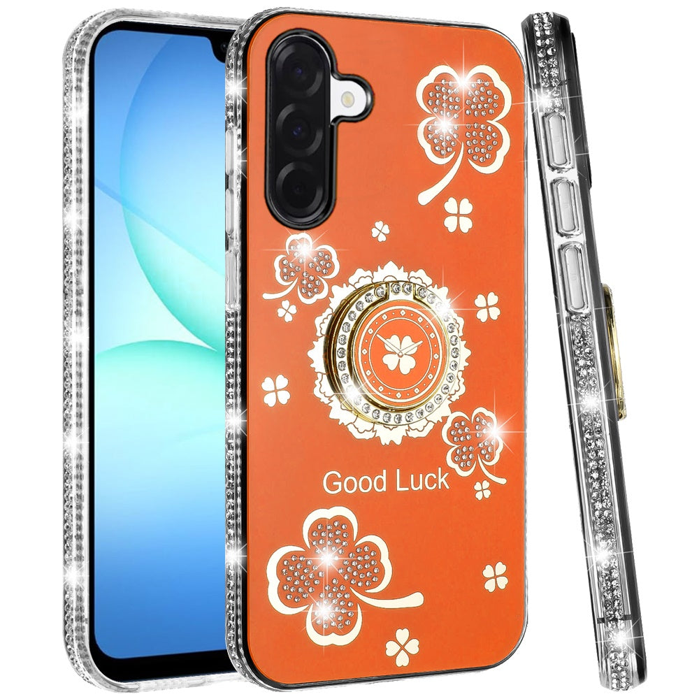 For Samsung Galaxy A17 5G Diamonds Bling All Around Edges Sparkly Glitter Hybrid with Ring Stand Holder Fashion Good Luck Case Cover Cosmic Orange