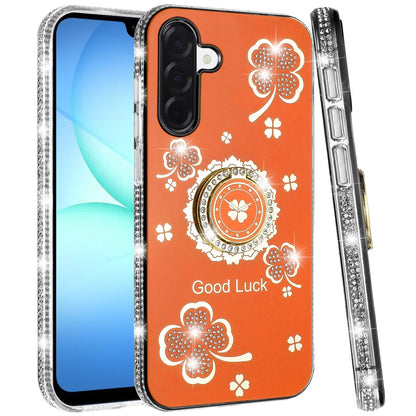 For Samsung Galaxy A17 5G Diamonds Bling All Around Edges Sparkly Glitter Hybrid with Ring Stand Holder Fashion Good Luck Case Cover Cosmic Orange
