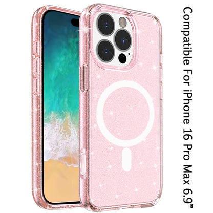 For Apple iPhone 16 Pro Max (6.9") MagSafe Compatible Glitter Shiny Sparkle Bling TPU Rubber Hard PC Back Hybrid Frame Case Cover