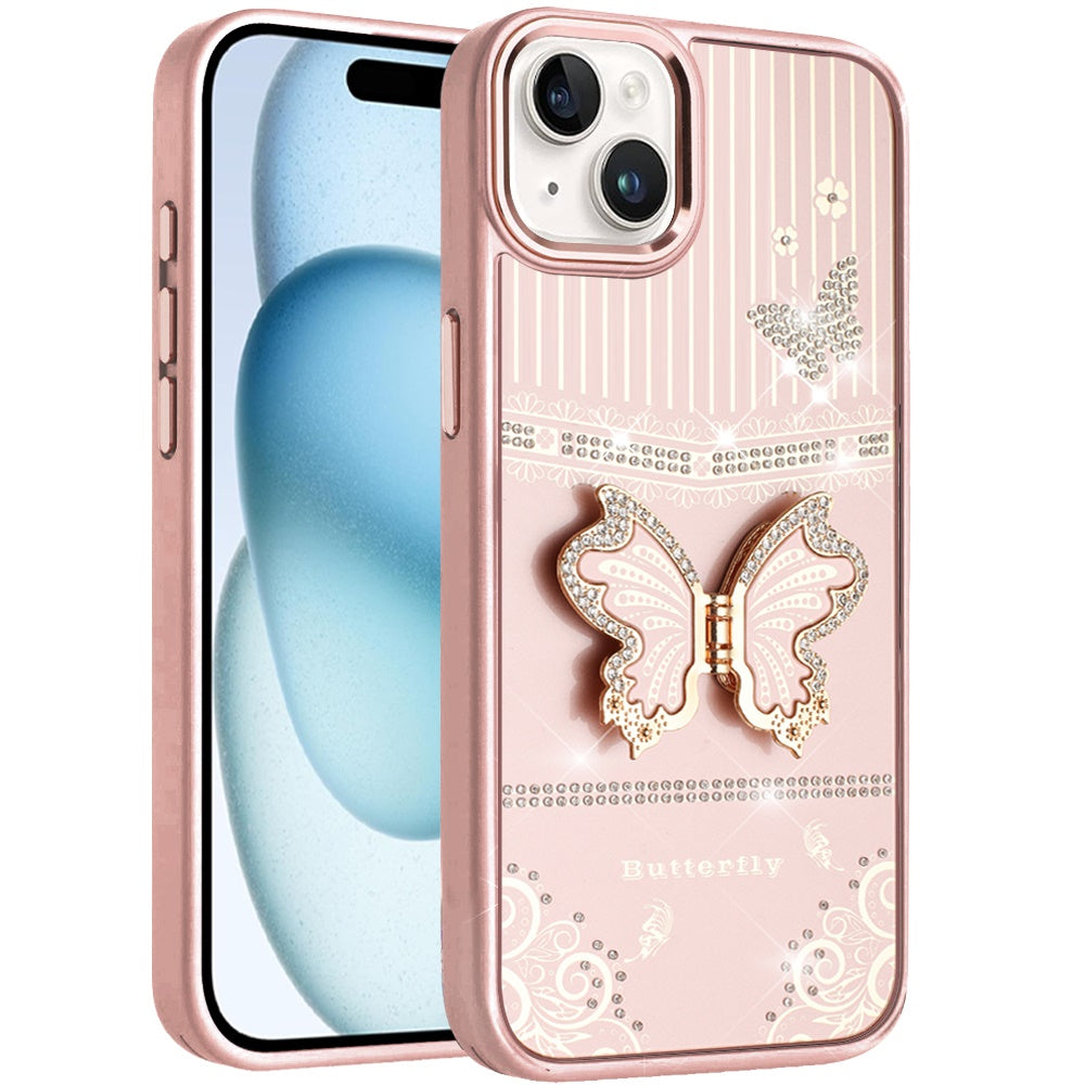 Phone Case for iPhone 15 (6.1") Glitter Bling Butterfly Stand Metallic Edge Hybrid Shockproof Grip Durable Camera Protection Stylish Design Cover Rose Gold
