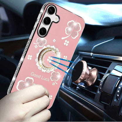 For Samsung Galaxy S25 /S24 Diamonds Bling All Around Edges Sparkly Glitter Hybrid with Ring Stand Holder Fashion Good Luck Case Cover