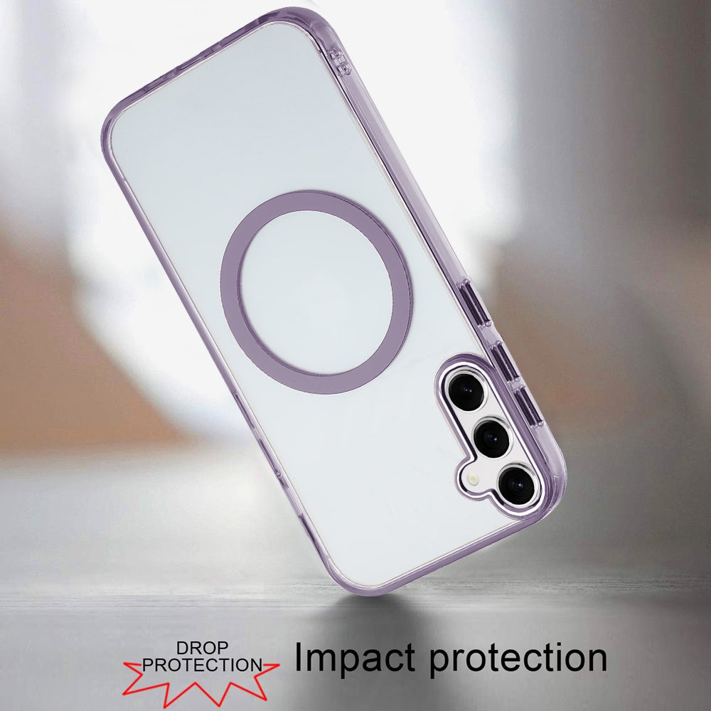 For Apple iPhone 16 (6.1") Transparent Back Hybrid Case - Magnetic Circle, Color Frame, Metal Buttons, MagSafe Compatible Case Cover Light Purple