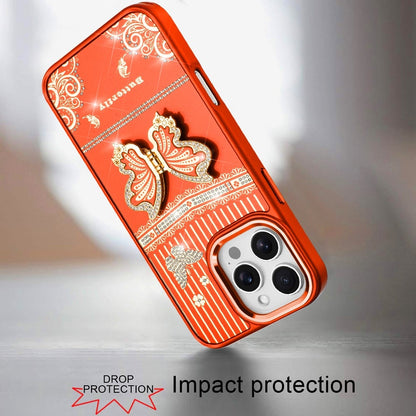 For iPhone 15 Plus (6.7") Glitter 3D Butterfly Design Bling Metallic Edge Hybrid Stand Drop Protection TPU Shockproof Case Cover Cosmic Orange