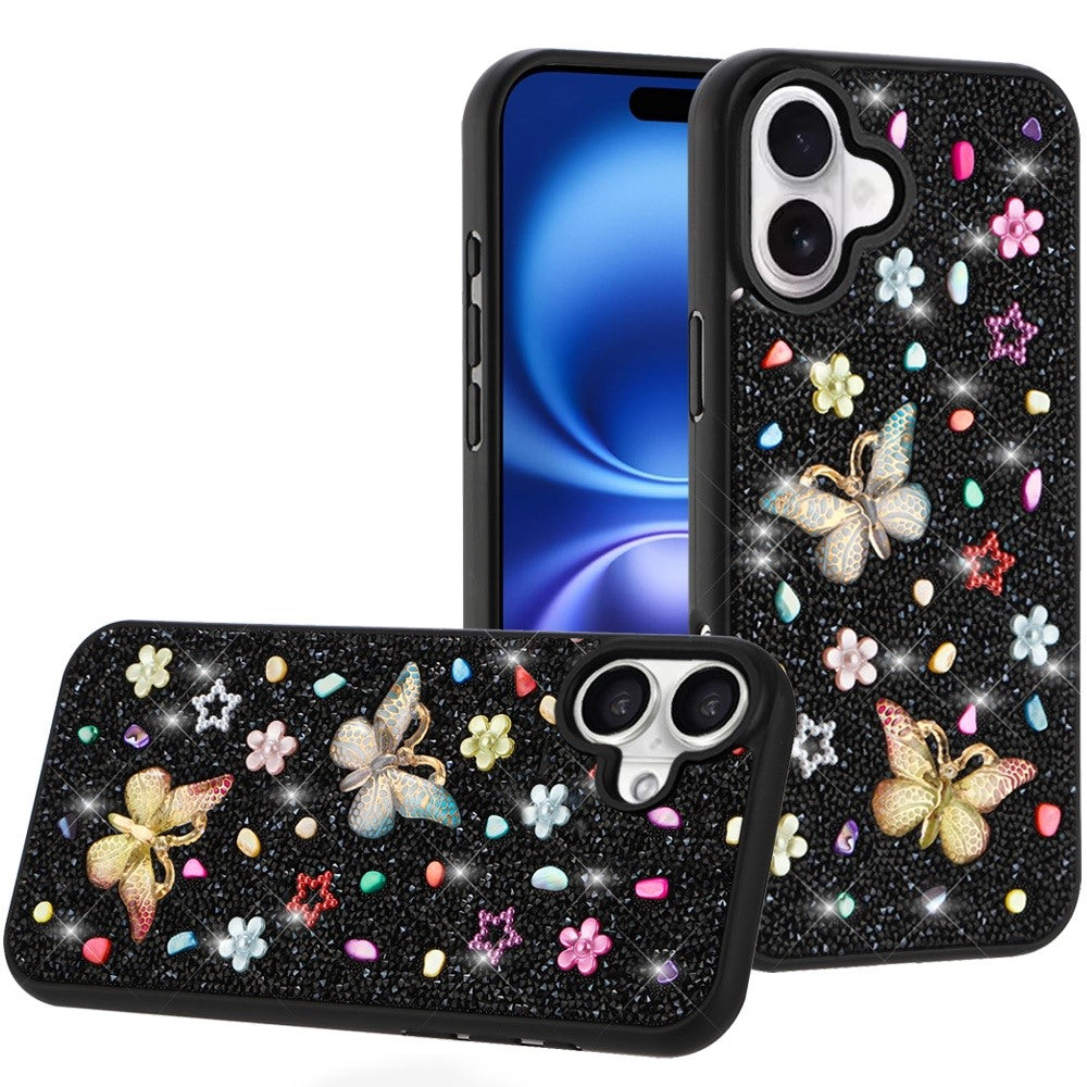 For Apple iPhone 17 (6.3") Diamond Butterfly 3D Glitter Bling Design, Slim Hybrid Sparkle Protective Cover TPU for Women Girls Case Cover