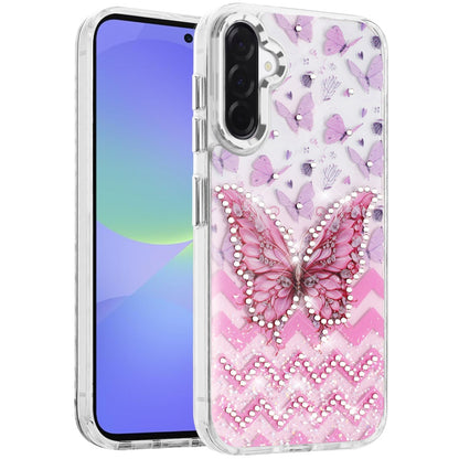 For Samsung Galaxy A37 Butterfly Resin Epoxy Diamond Design Metal Edged Hybrid Shockproof Heavy Duty Drop Protection Case Cover
