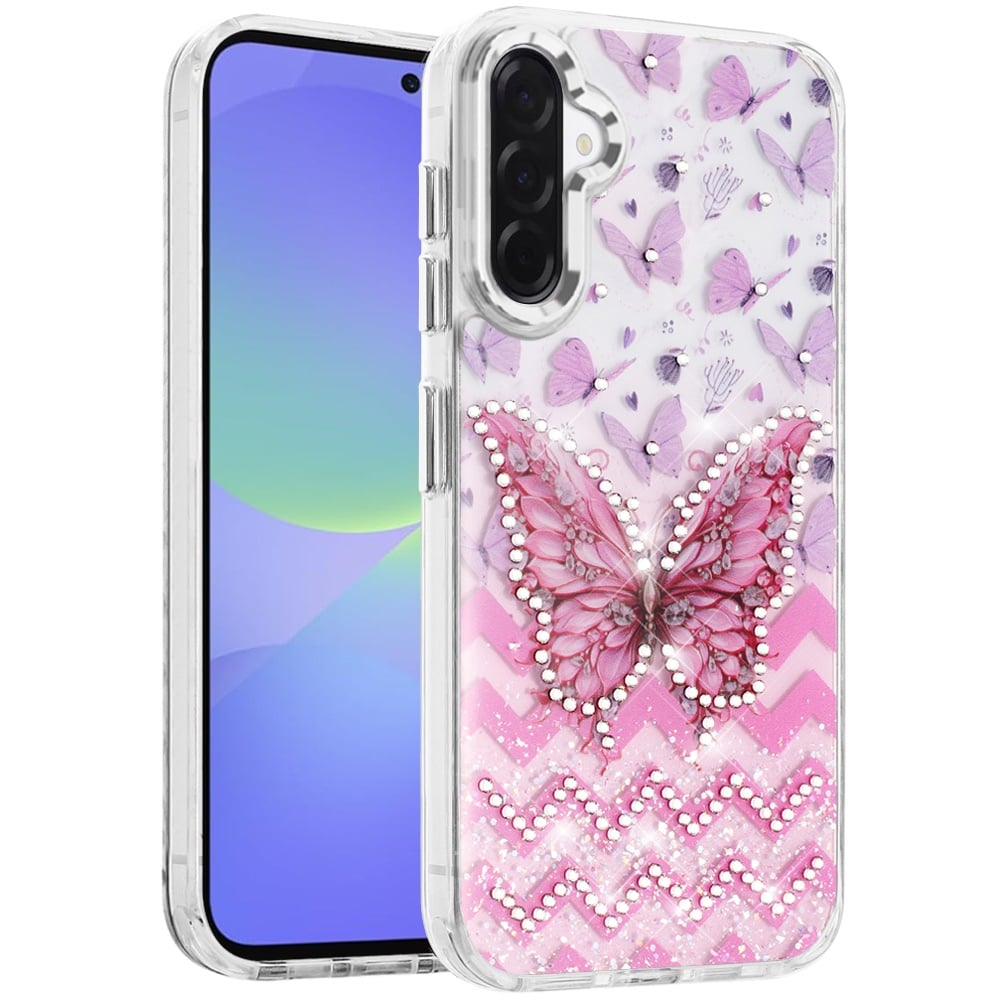 For Samsung Galaxy A37 Butterfly Resin Epoxy Diamond Design Metal Edged Hybrid Shockproof Heavy Duty Drop Protection Case Cover