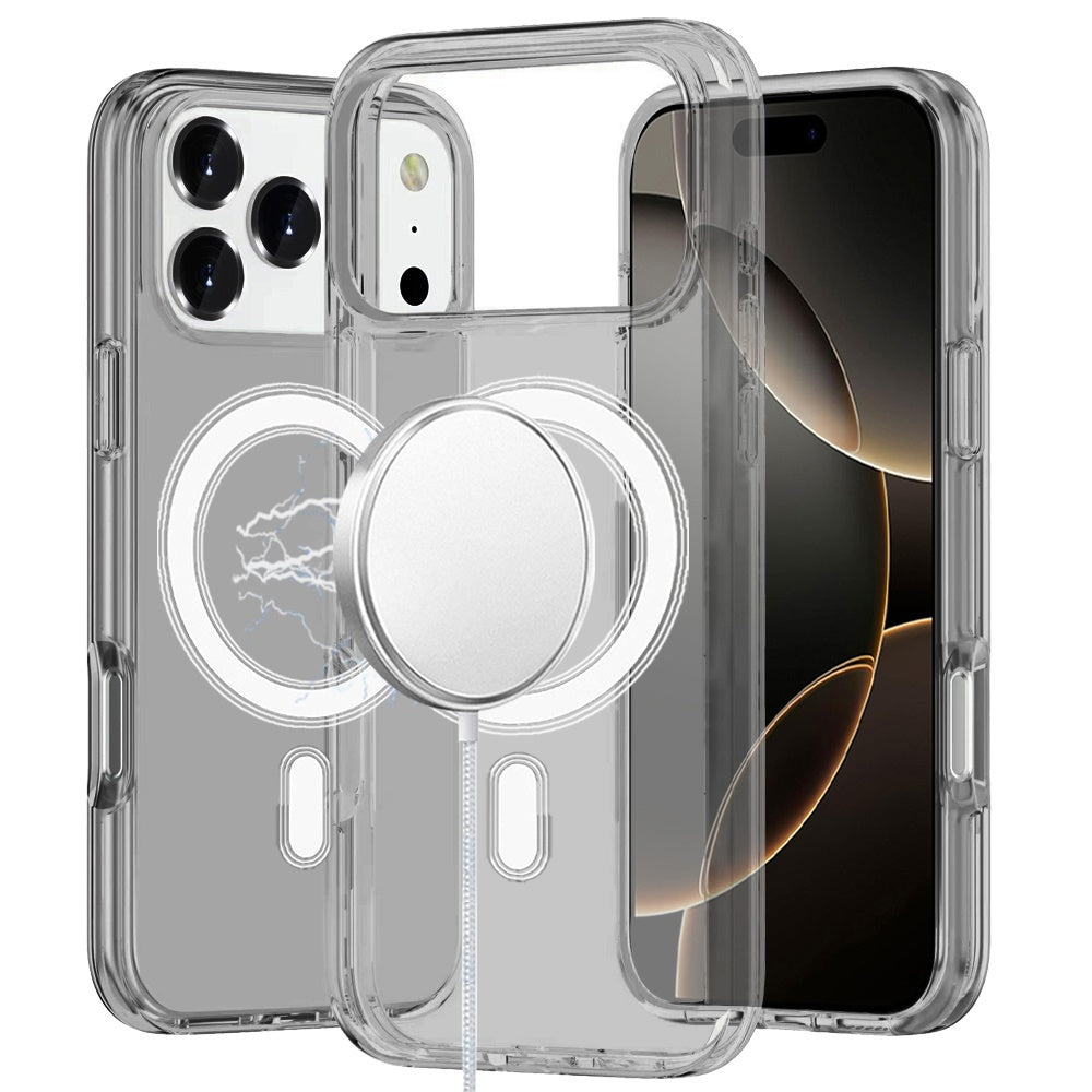For Apple iPhone 17 Pro MagSafe Compatible Transparent Hybrid Case with Magnetic Circle, Shock Absorption TPU Rubber Case Cover Smoke Gray