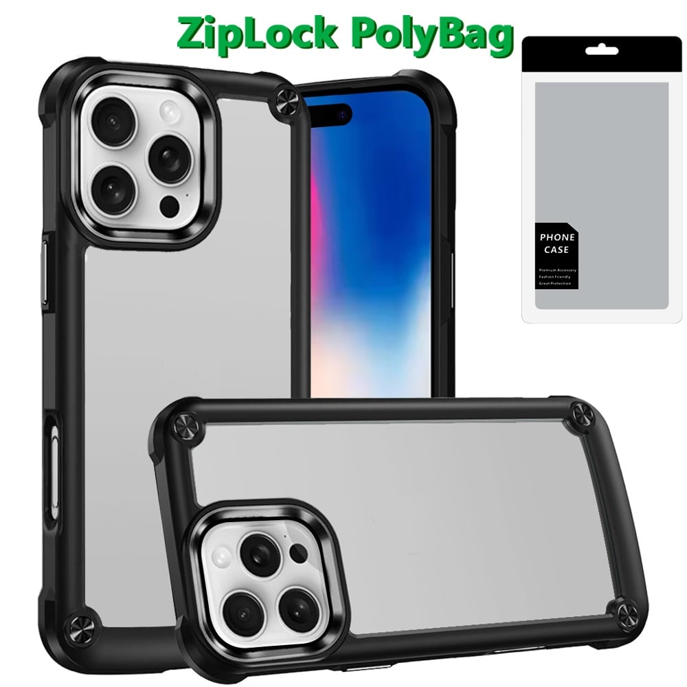For Apple iPhone 16 Pro Hybrid Transparent Rubber with Metal Buttons & Camera Edges Hard TPU Corner Frame Bumper Case Cover Red