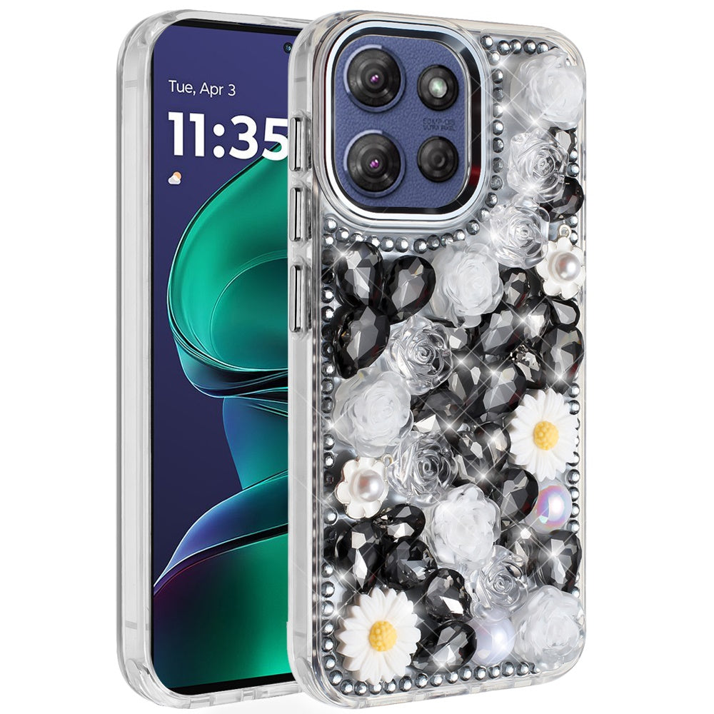 For Motorola Moto G Play 5G 2026 Fashion Daisy Floral Series, Full 3D Bling Crystal Diamonds Sparkling Rhinestone Glitter Hybrid Design Case Cover White