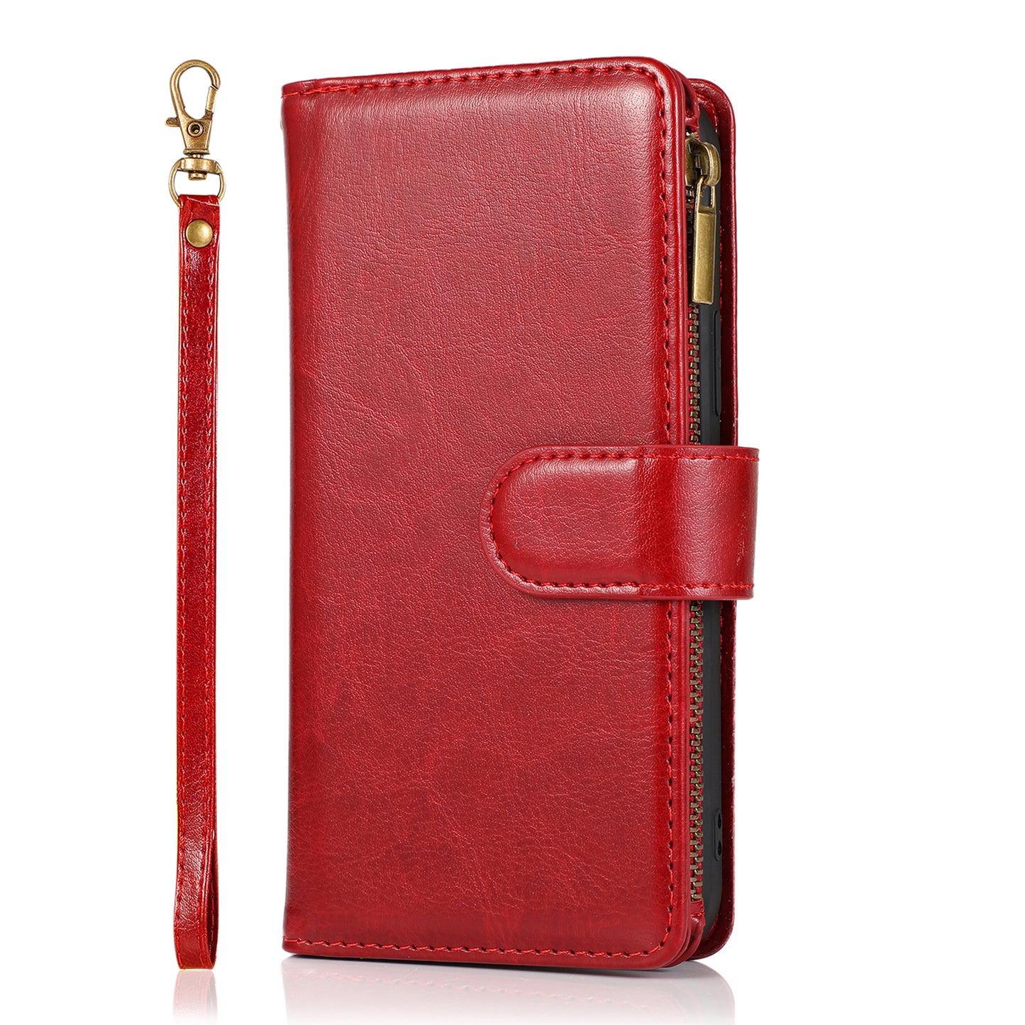 For Apple iPhone 16 Plus (6.7") Leather Zipper Wallet Case 9 Credit Card Slots Cash Money Pocket Clutch Pouch Stand & Strap Case Cover Red