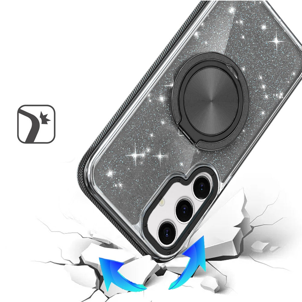 For Samsung Galaxy S24 FE Slim Bling Glitter Sparkly Shimmer Hybrid with Magnetic Ring and 360° Rotational Stand [Compatible with Magsafe] Case Cover Black