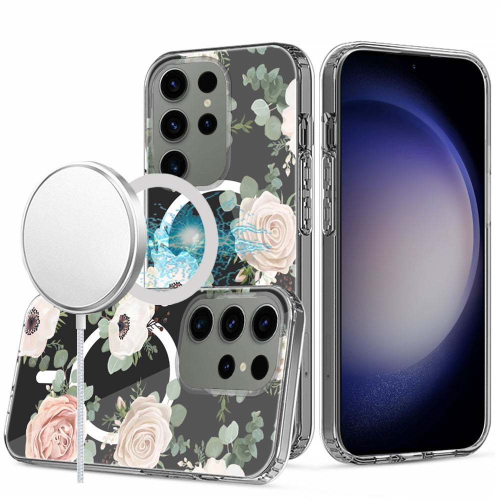 For Samsung Galaxy S24 FE /Fan Edition Hybrid Flower Design Stylish Fashion Thick Hard MagSafe Compatible Shockproof Case Cover
