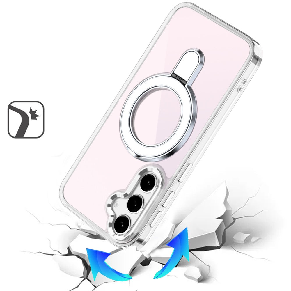 For Samsung Galaxy S25 FE /S25 Fan Edition Chrome Hybrid with Rotating Magnetic Circle Ring Stand, Slim Shockproof Hybrid Case Cover