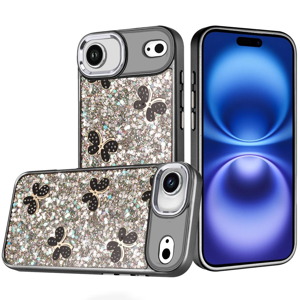 For Apple iPhone 17 Air (6.6") Cute Butterfly Crystal Diamond Glitter Case Sparkle Bling Frame Metallic Edges, Shimmer TPU Hybrid Case Cover