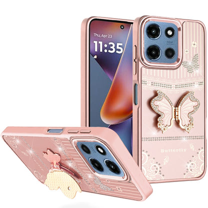Phone Case for Motorola Moto G Play 5G 2026 Glitter Bling Butterfly Stand Metallic Edge Hybrid Shockproof Grip Durable Camera Protection Stylish Design Cover Rose Gold