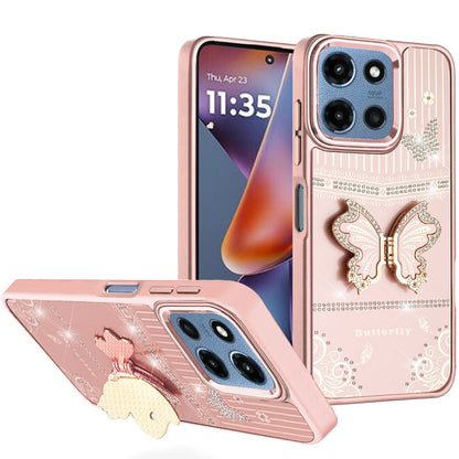Phone Case for Motorola Moto G 5G 2026 / 2025 Glitter Bling Butterfly Stand Metallic Edge Hybrid Shockproof Grip Durable Camera Protection Stylish Design Cover Rose Gold