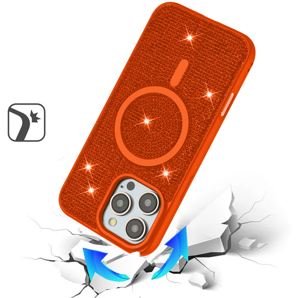Phone Case for Apple iPhone 16 Pro Max Magnetic Bling Diamond Sparkle Hybrid Shockproof Rugged Grip Durable Protection Anti-Slip Armor Design Cover Cosmic Orange