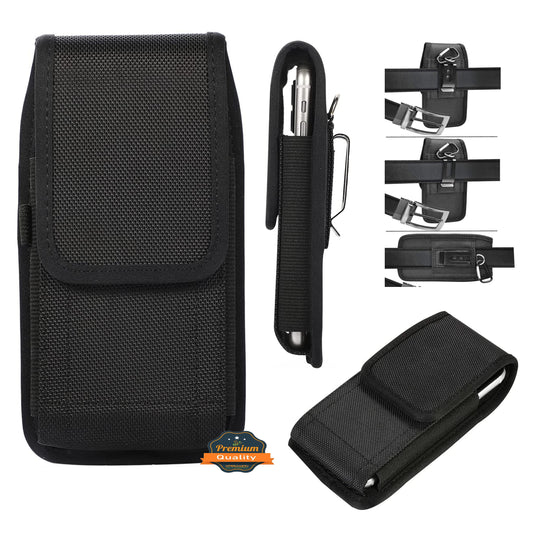 For Apple iPhone 16 (6.1") Nylon Canvas Fabric Waist Belt Holster Vertical Pouch Holds Large Phone Works with Thick Cases Universal Cover [Black]