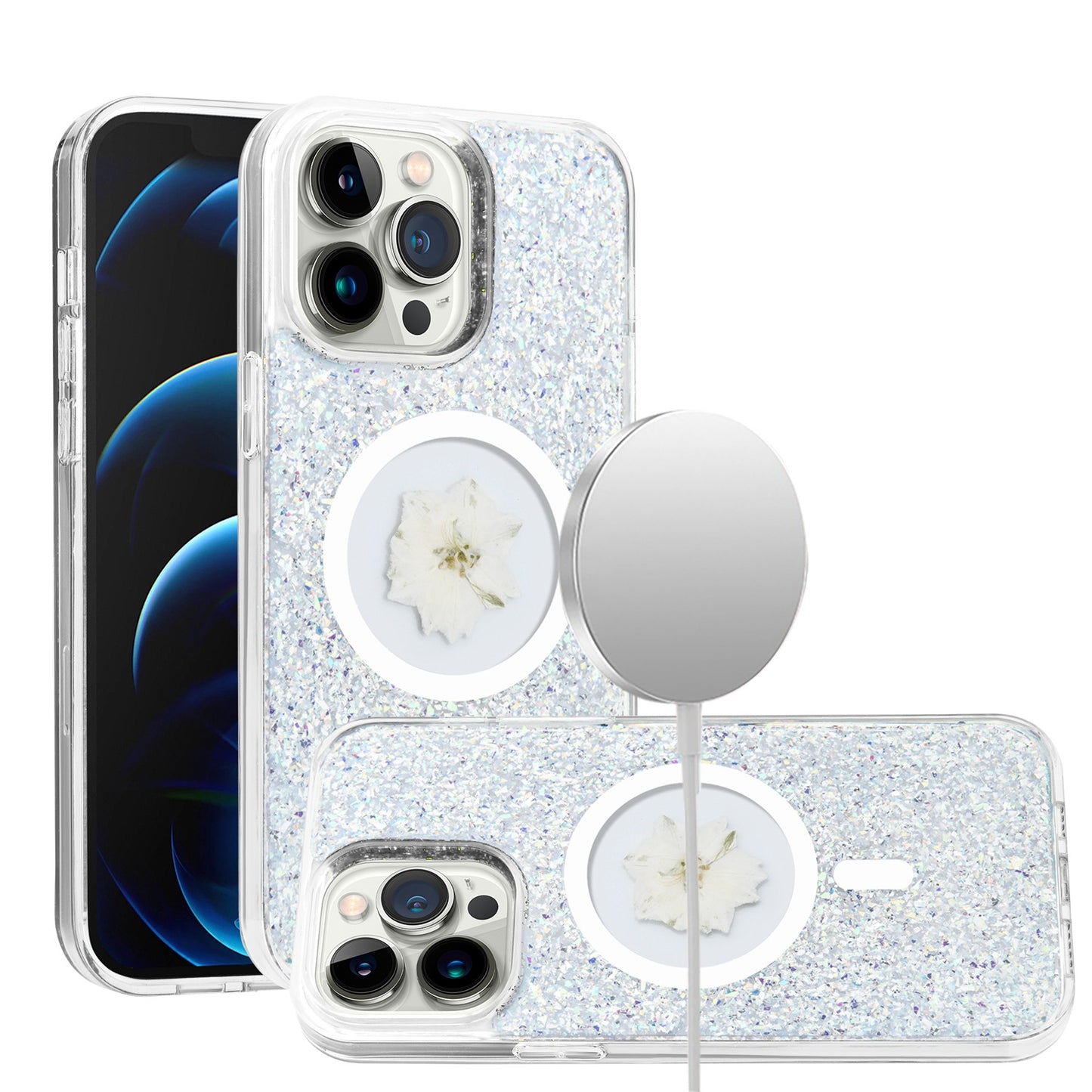 For Apple iPhone 15 Pro Max MagSafe Compatible Glitter Flower Epoxy Hybrid Slim TPU Case, Magnetic Circle Design, Sparkly Bling Protective Case Cover Silver