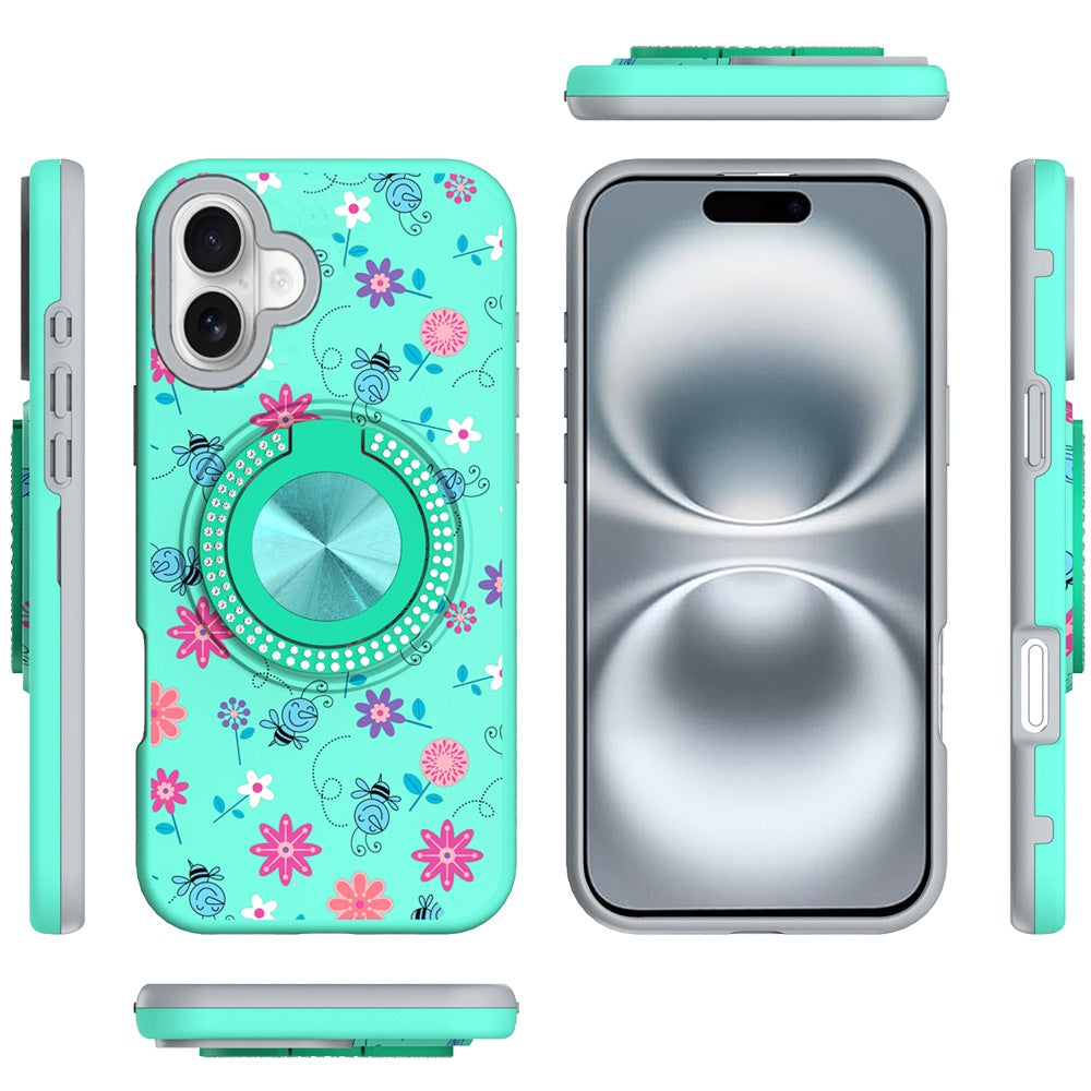 For Apple iPhone 16 (6.1") Pattern Design Hybrid with Invisible Ring Stand & Magnetic Back, Shockproof Protective Grip Case Cover