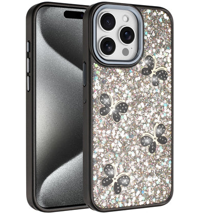 For Apple iPhone 15 Pro Max Cute Butterfly Crystal Diamond Glitter Case Sparkle Bling Frame Metallic Edges, Shimmer TPU Hybrid Case Cover