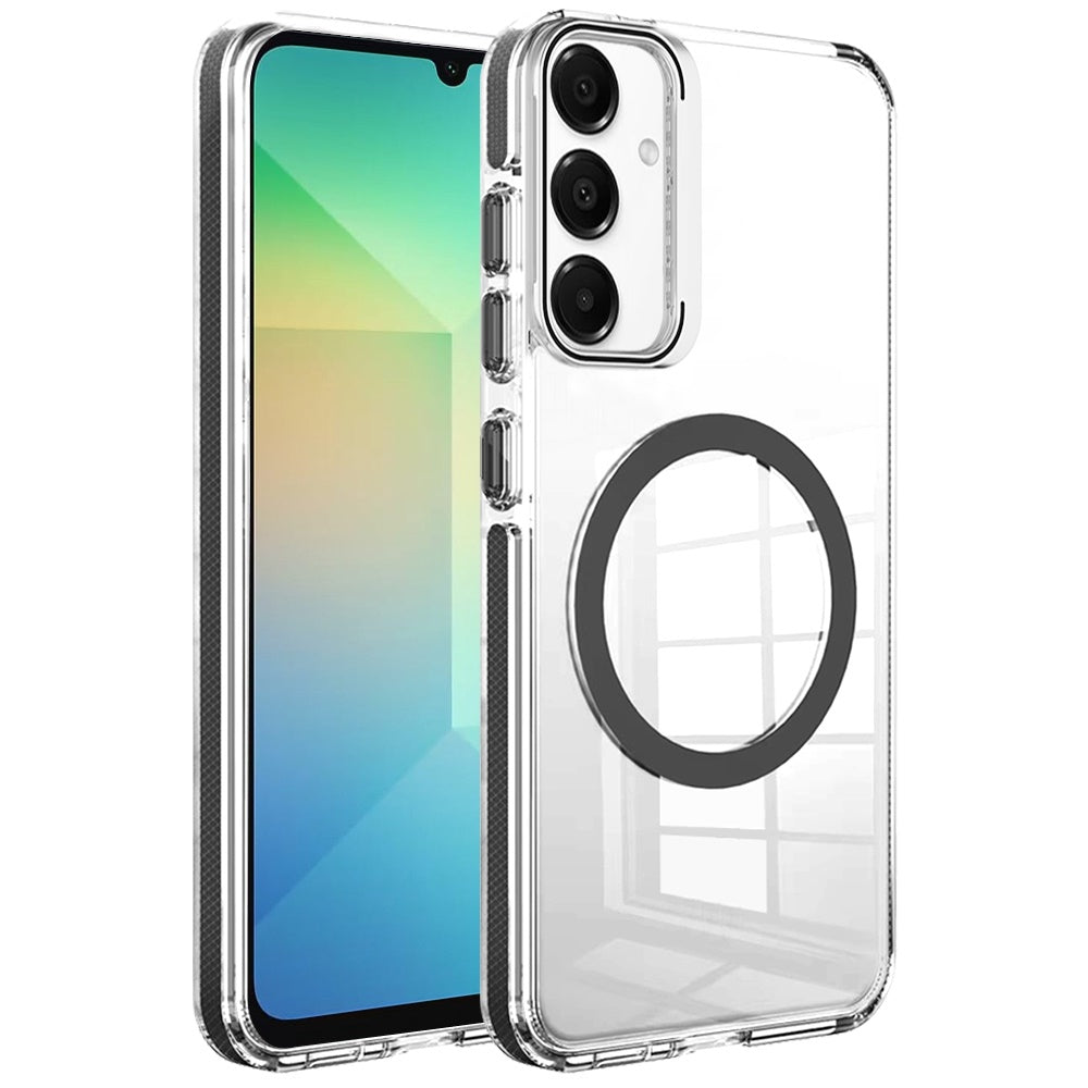 For Samsung Galaxy A06 Built-in Camera Kick-Stand, Compatible with MagSafe, Transparent Colorful Edged Tough Hybrid TPU Case Cover Clear Black